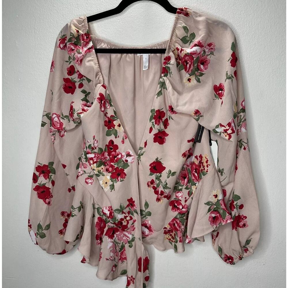 NWT Leith Pink Adobe Taupe Pink Red Floral Print Bell Sleeve Ruffle Wrap Top S